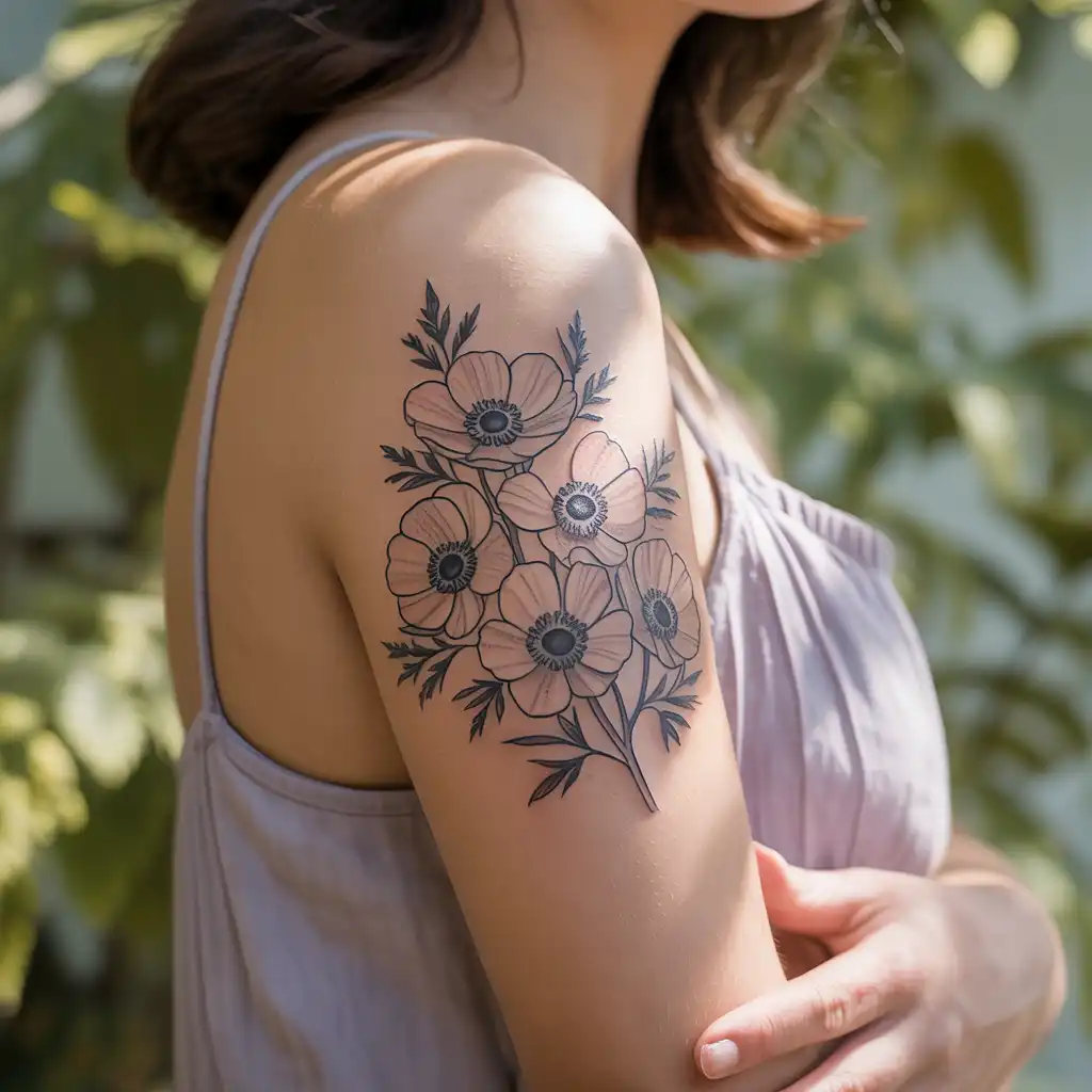 Anemone Flower Upper Arm Tattoo