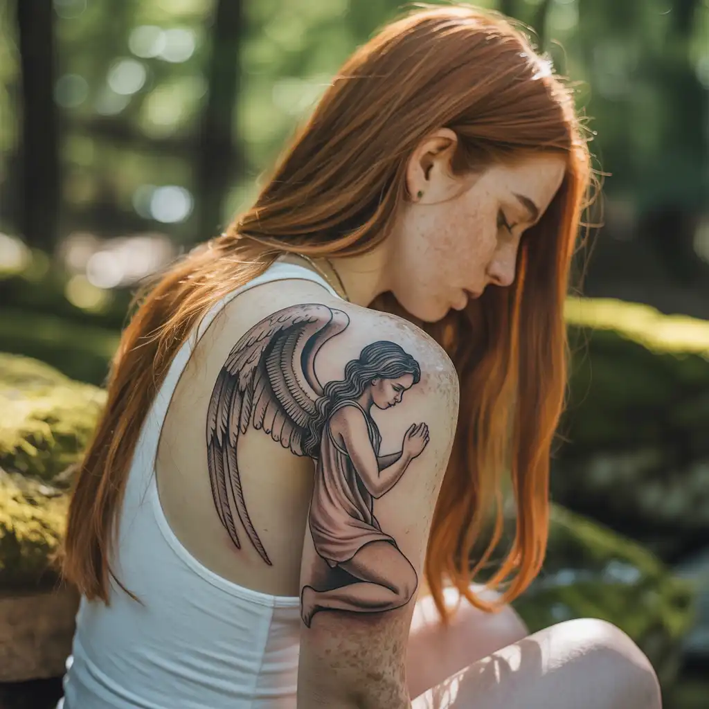 Angel Kneeling Tattoo With Humble Grace