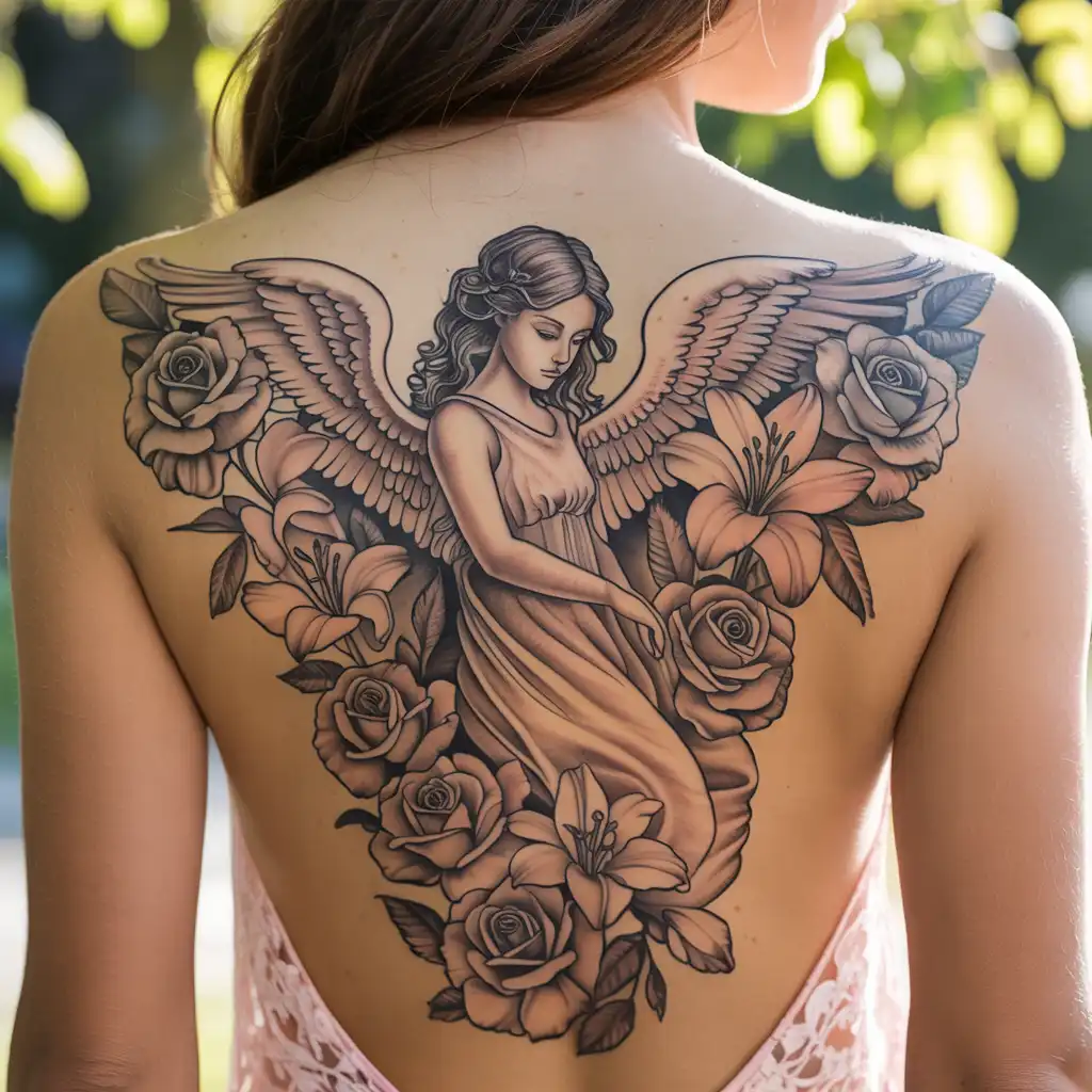 Angel With Flowers Tattoo Blending Spiritual and Natural Beauty