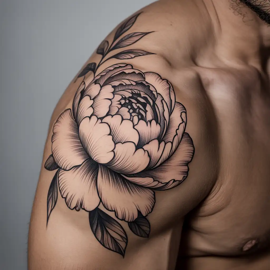 Black Ink Peony Shoulder Tattoo
