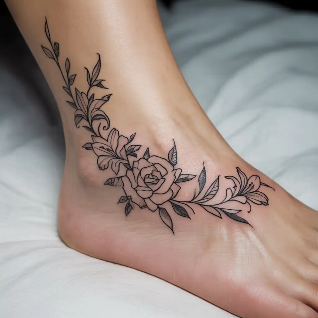 Blackwork Floral Ankle Tattoo