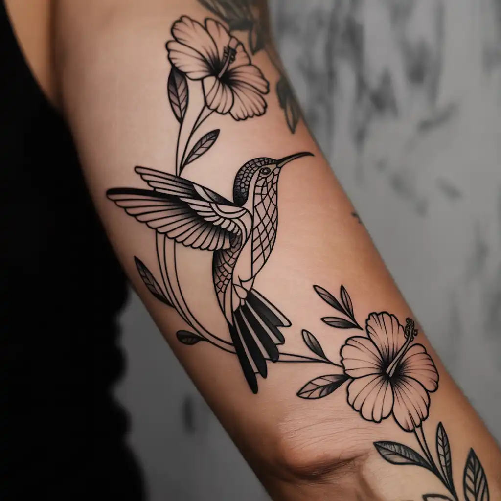Blackwork Hummingbird Tattoo