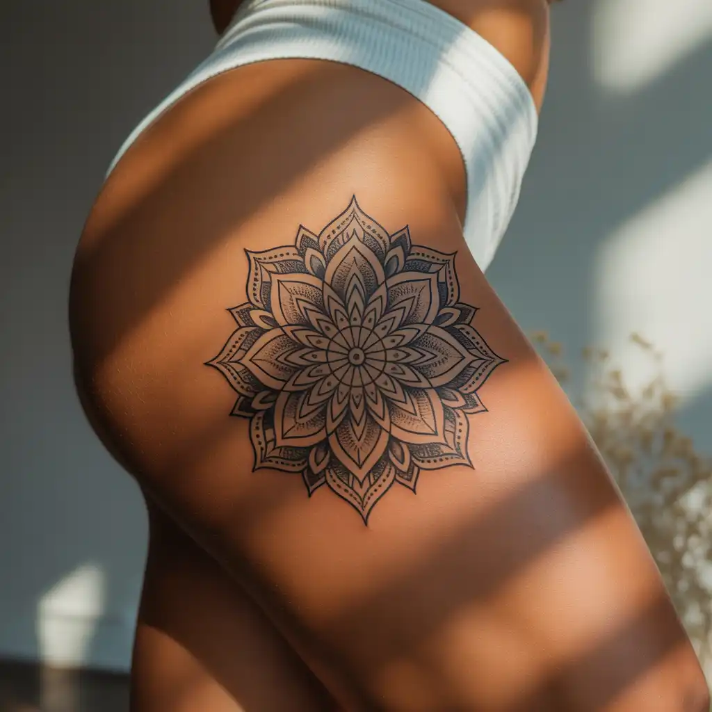 Bold Mandala Thigh Tattoo With Sacred Balance