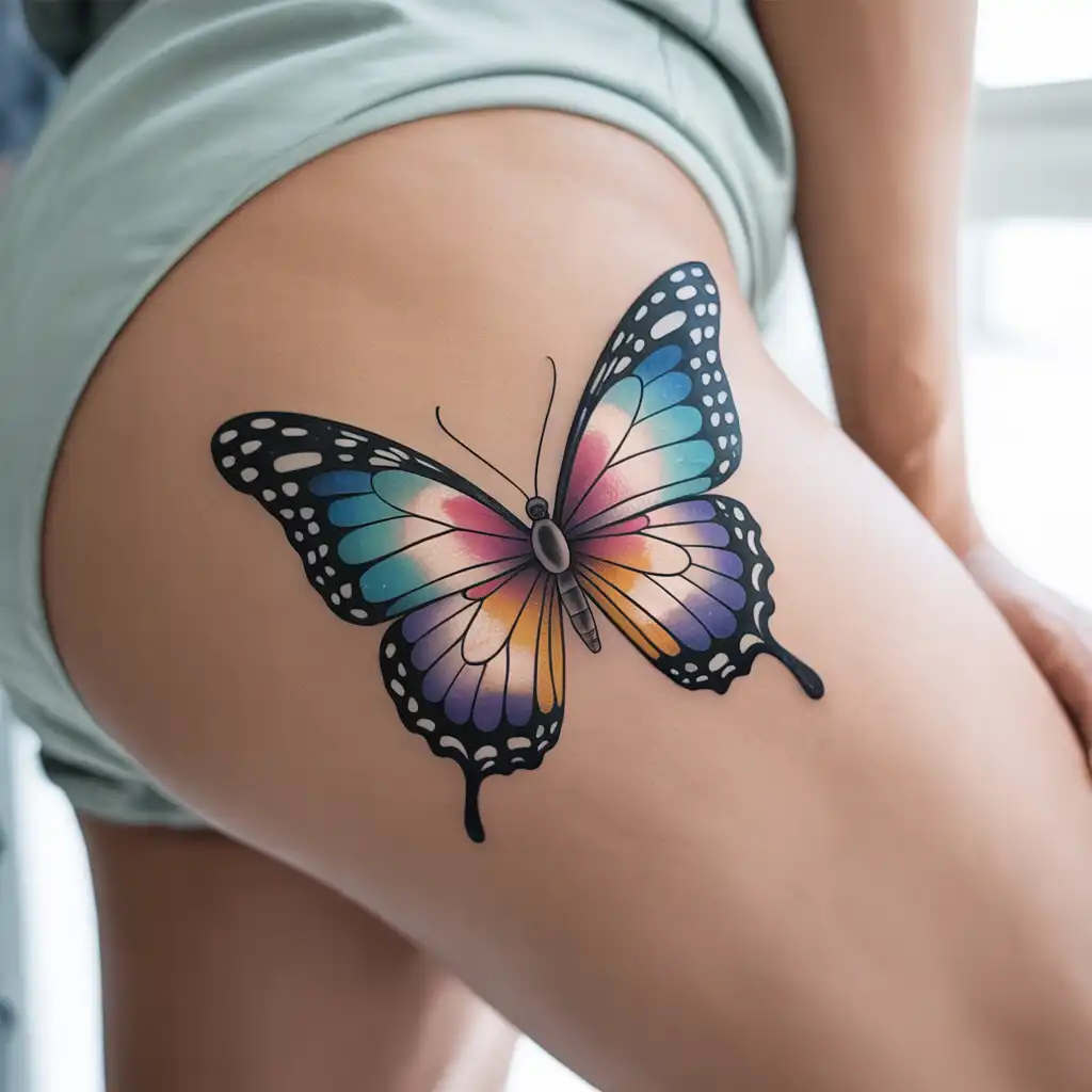 Butterfly Thigh Tattoo Symbolizing Transformation