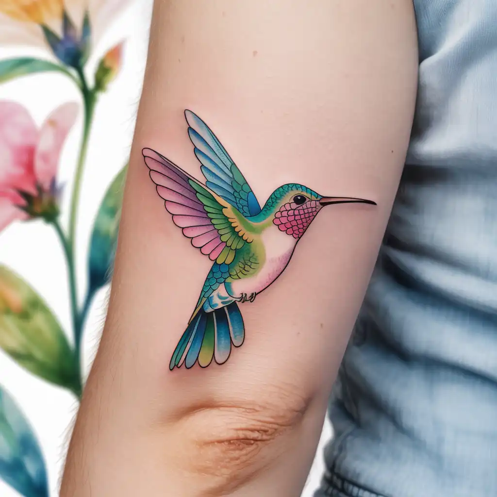 Colorful Watercolor Hummingbird Tattoo