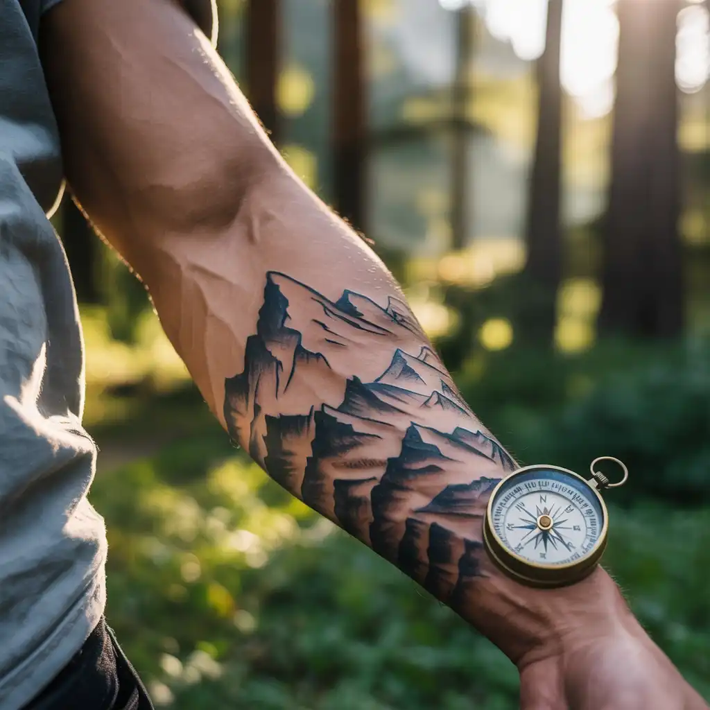 Compass and Mountains Tattoo