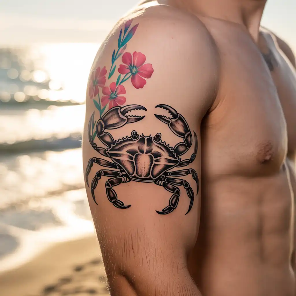 Crab with Floral Accents Tattoo