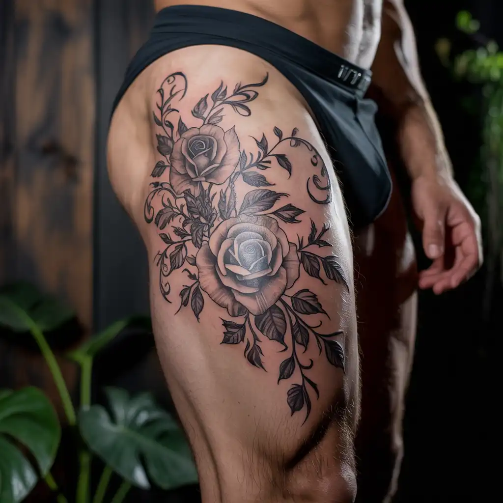 Dark Floral Thigh Tattoo