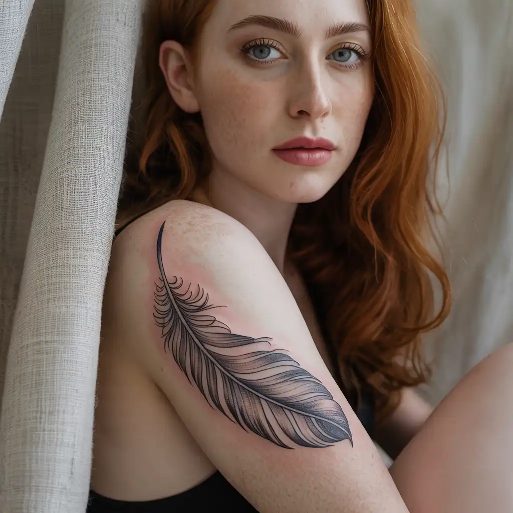 Feather Thigh Tattoo With Light Grace