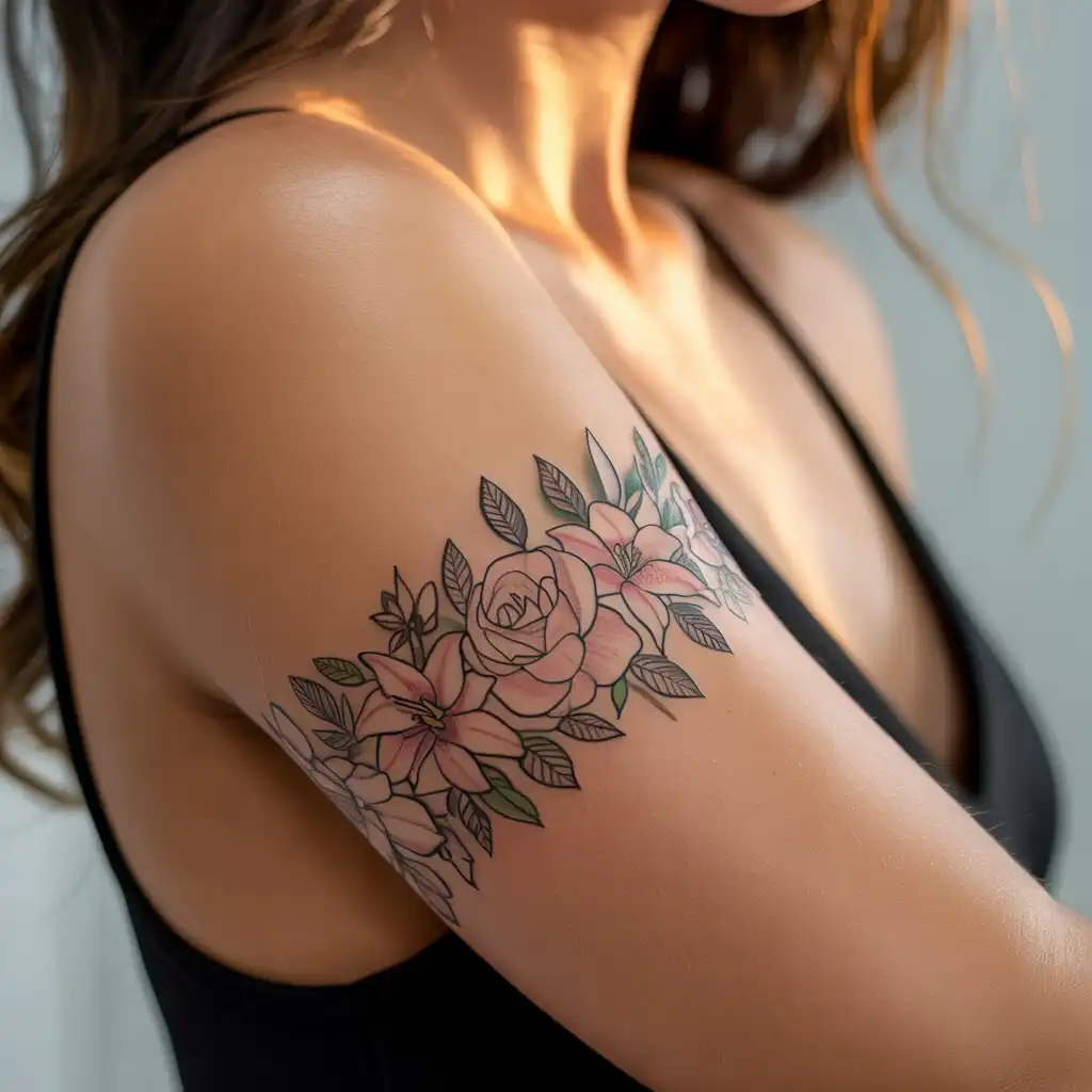 Fine-Line Floral Band Upper Arm Tattoo