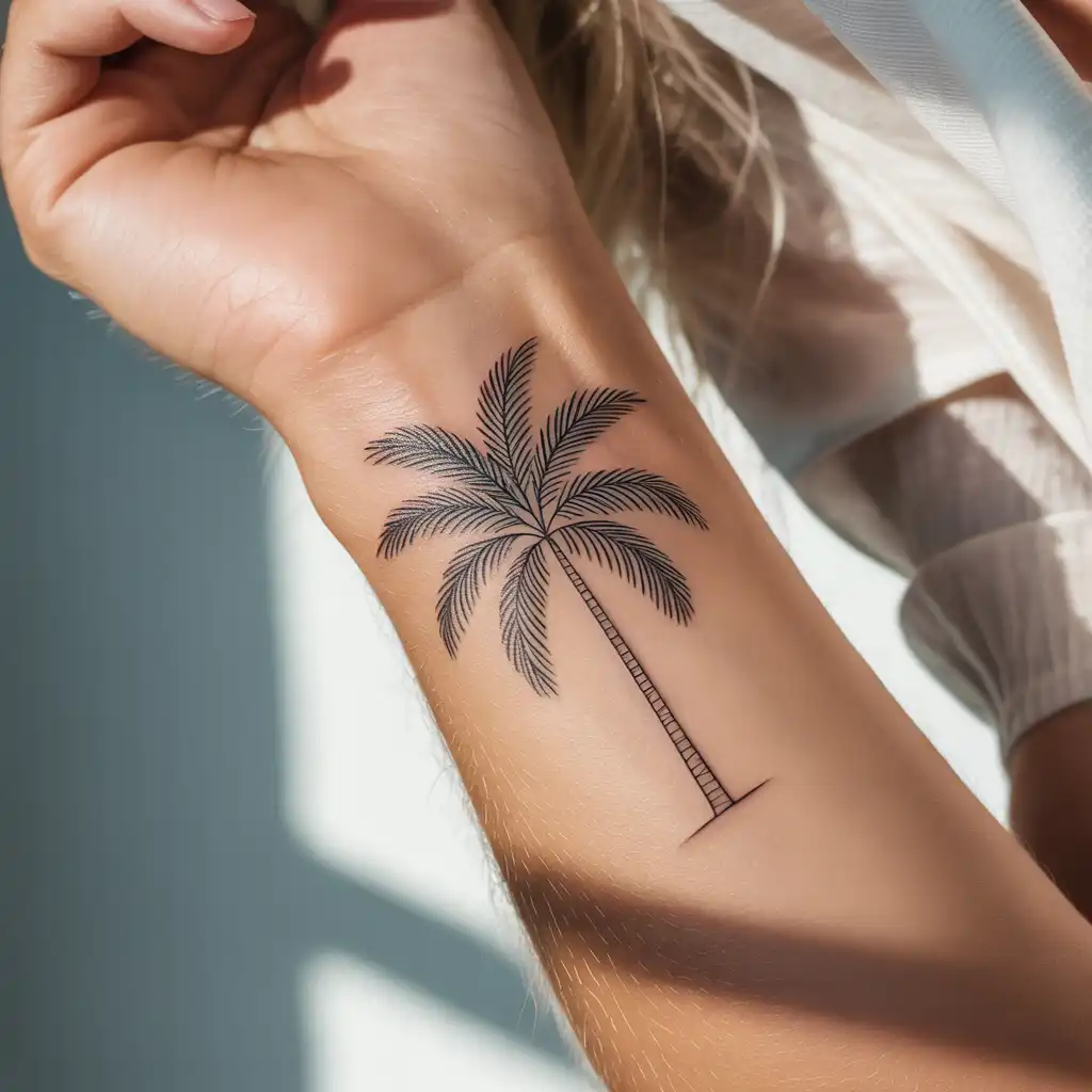 Fine-Line Palm Tree Wrist Tattoo