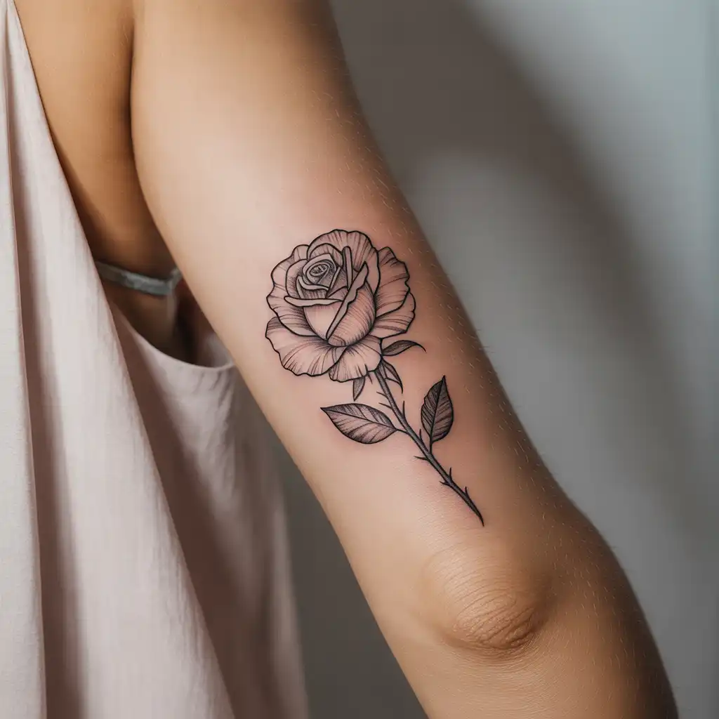 Fine-Line Rose Lower Arm Tattoo