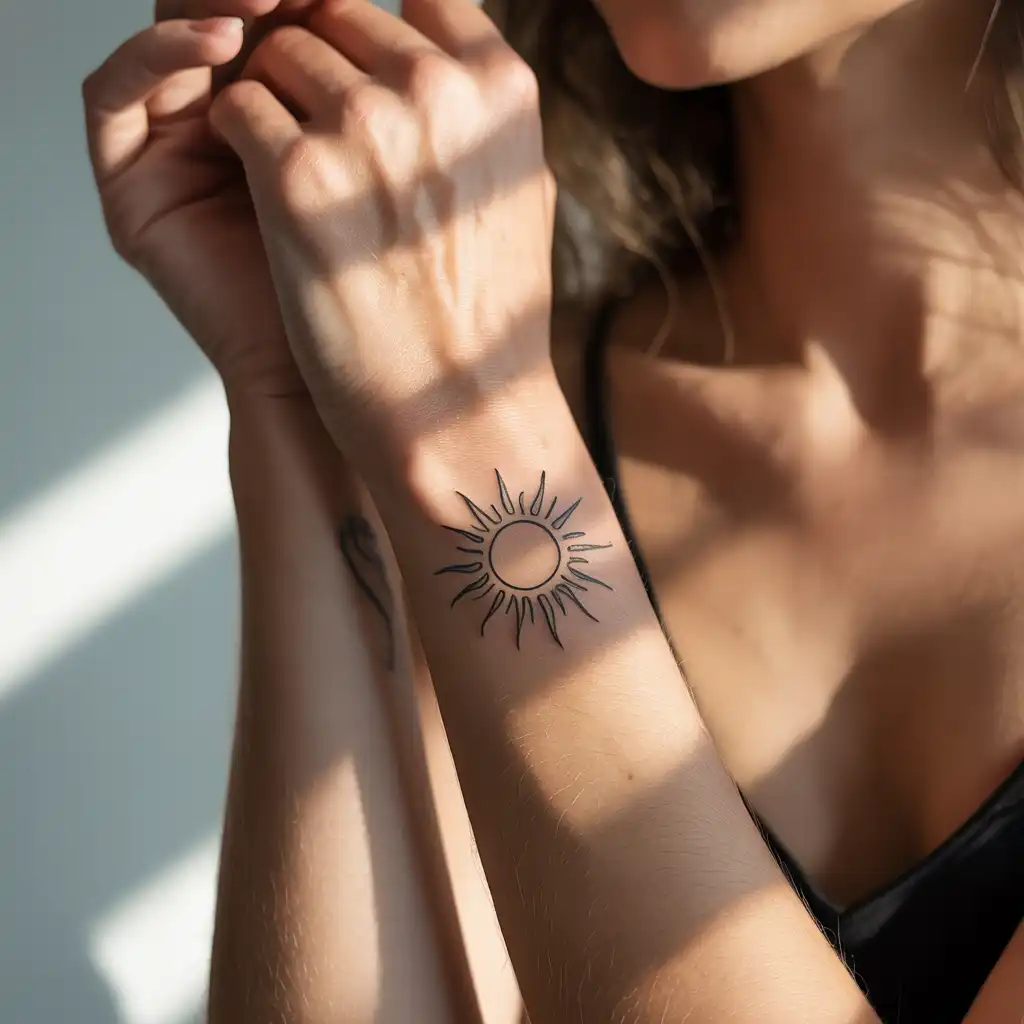 Fine-Line Sun Wrist Tattoo