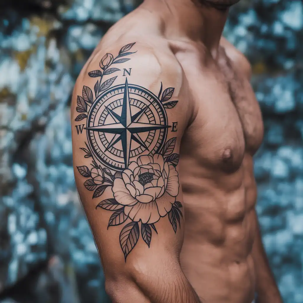 Floral Compass Hybrid Tattoo