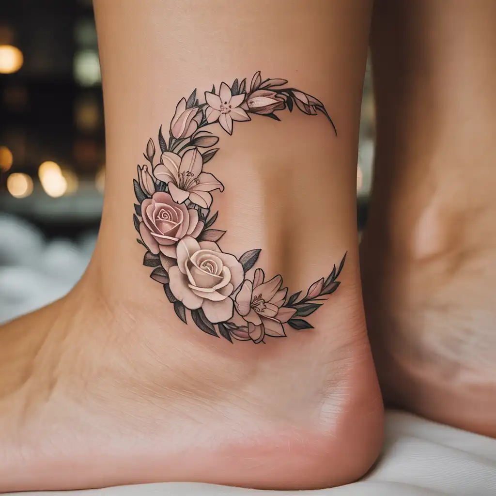 Floral Crescent Ankle Tattoo