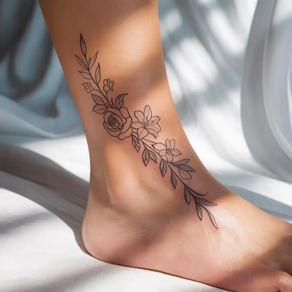 Floral Line Art Ankle Tattoo
