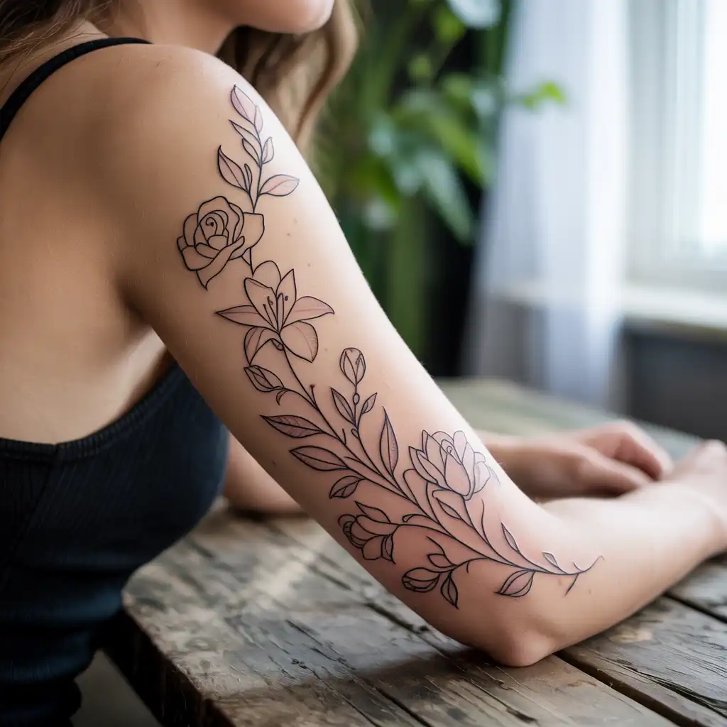 Floral Linework Upper Arm Tattoo