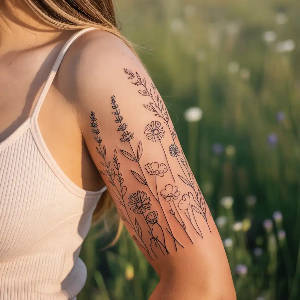 Floral Outline Upper Arm Tattoo