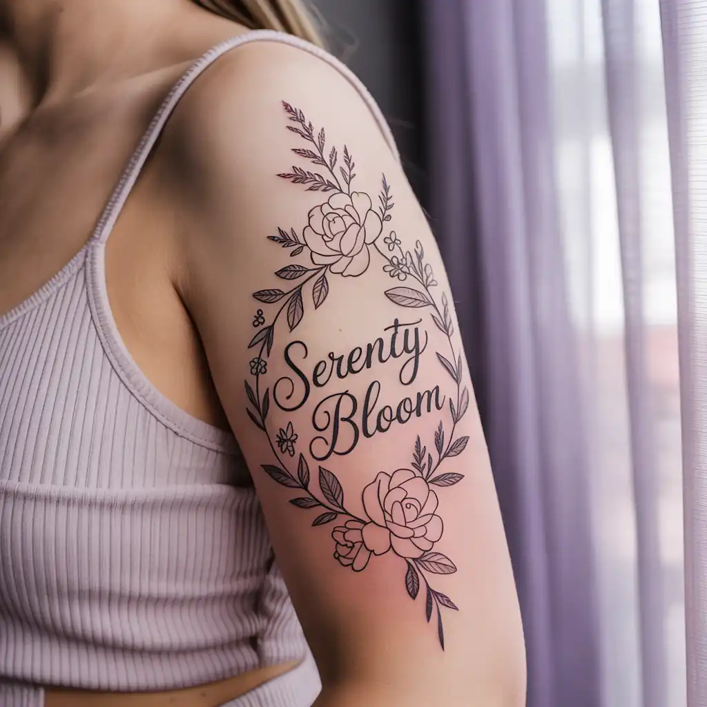 Floral Script Combination Upper Arm Tattoo