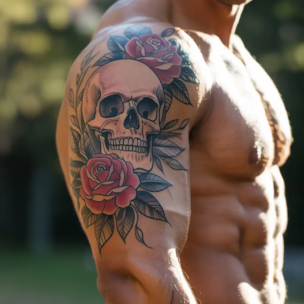 Floral Skull Masculine Tattoo