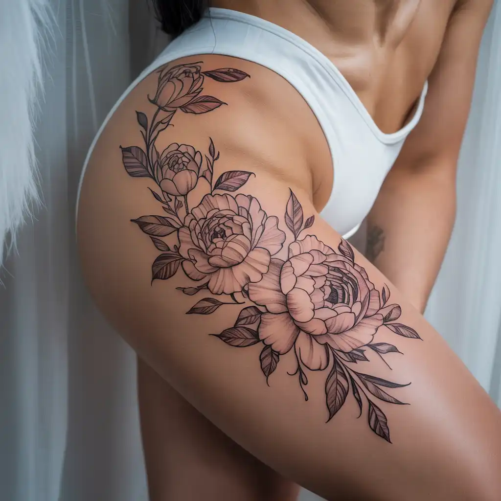 Floral Thigh Tattoo With Flowing Feminine Energy