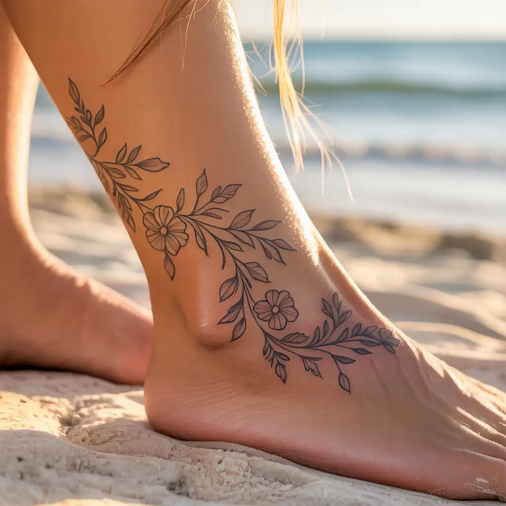 Floral Vine Anklet Tattoo