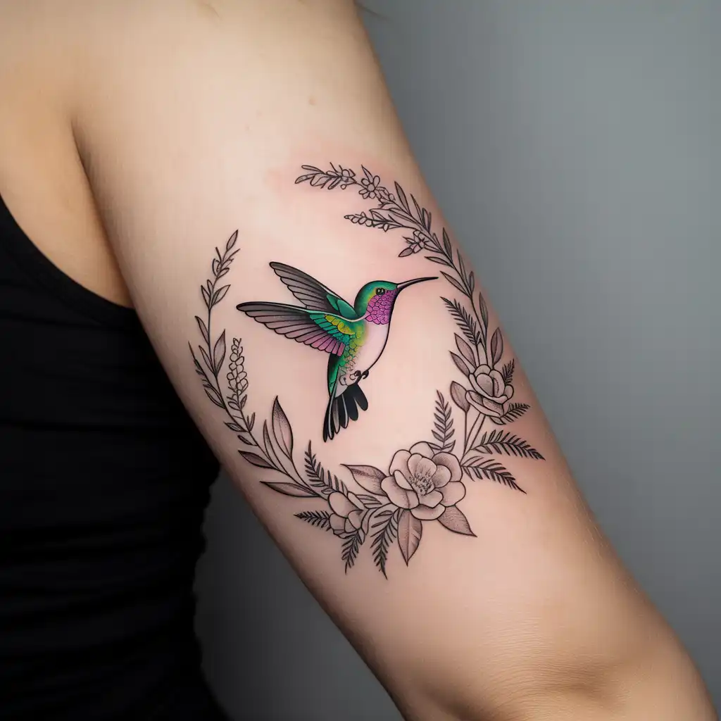 Floral Wreath Hummingbird Tattoo