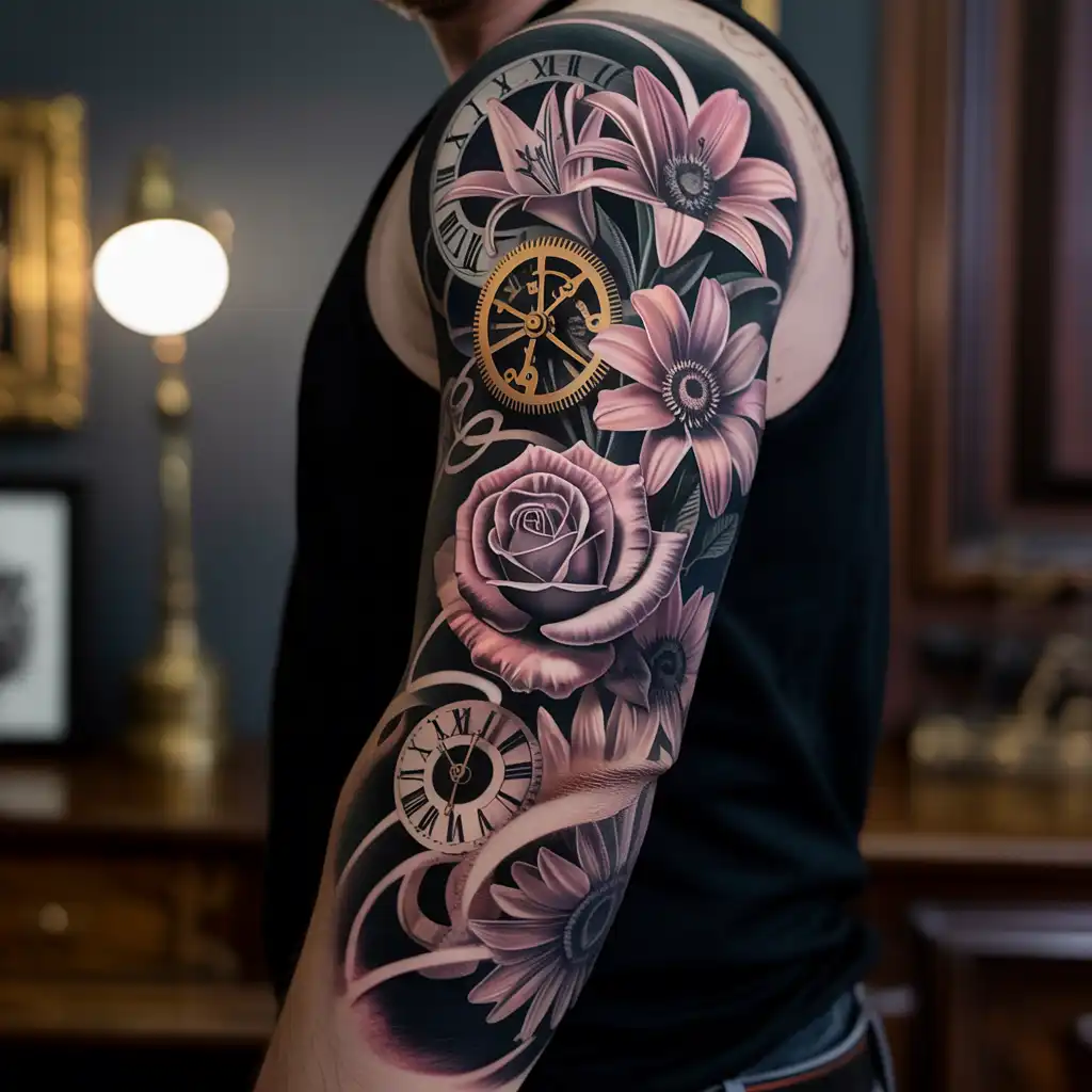 Floral and Clock Tattoo