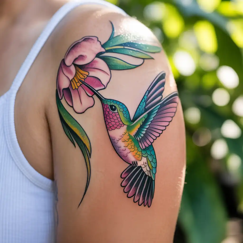 Hummingbird With Flower Tattoo