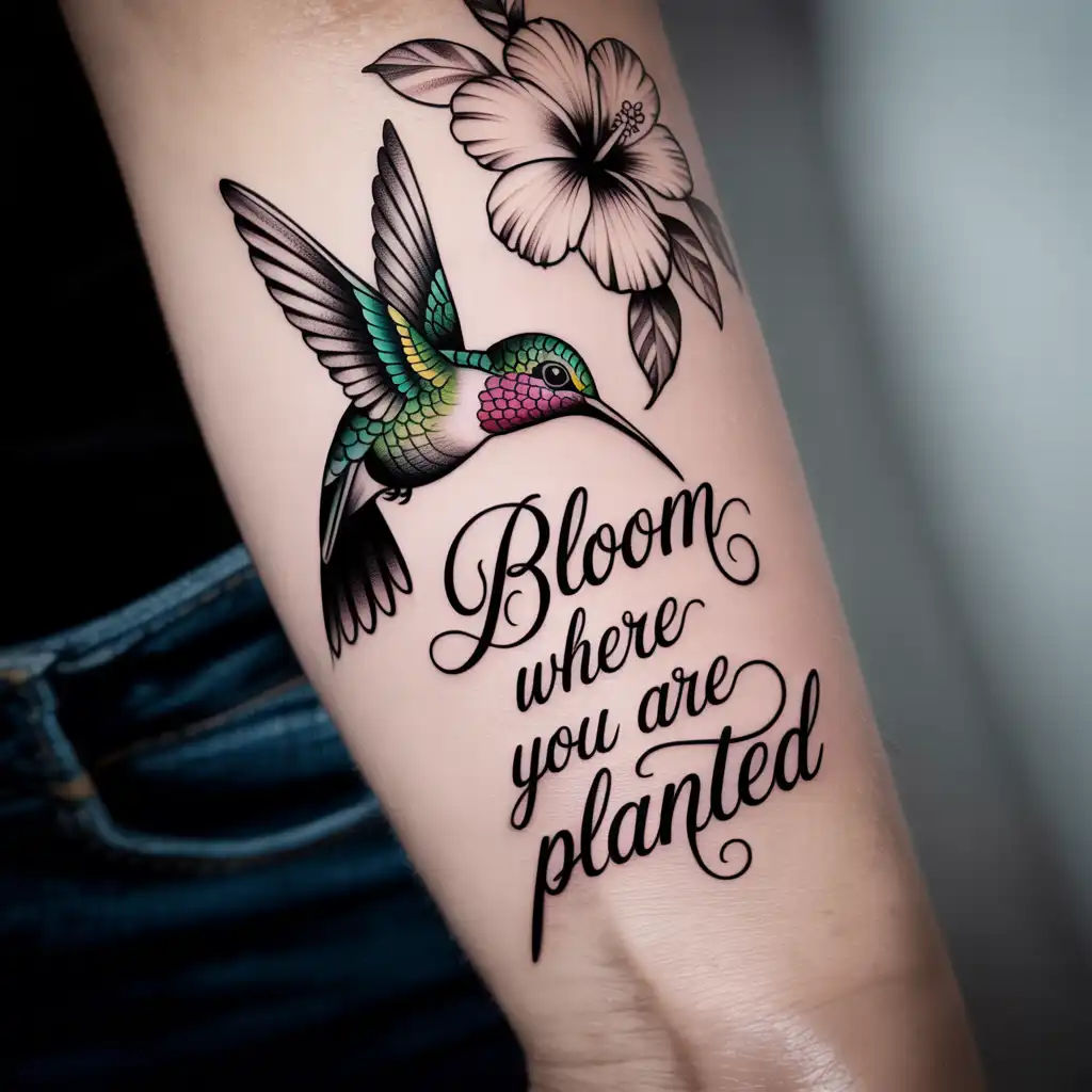 Hummingbird With Quote Tattoo