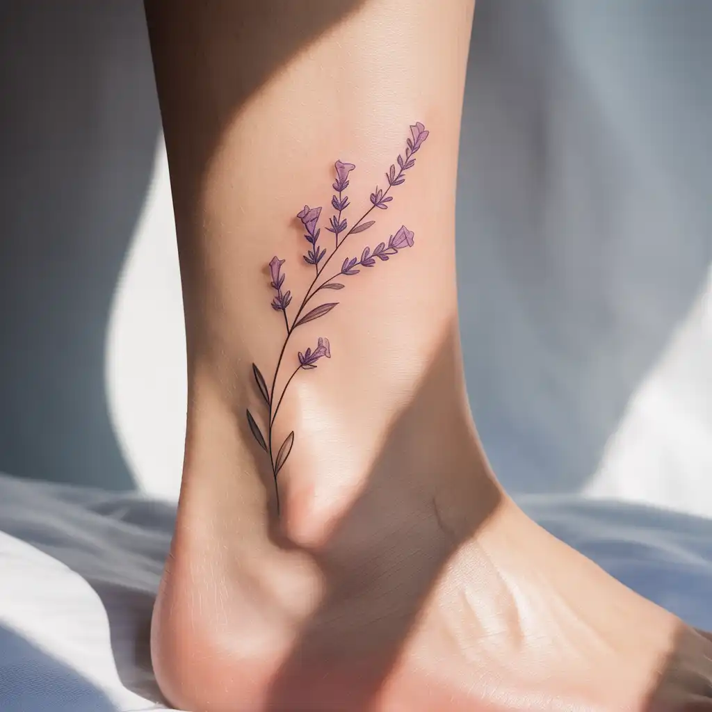 Lavender Sprig Ankle Tattoo