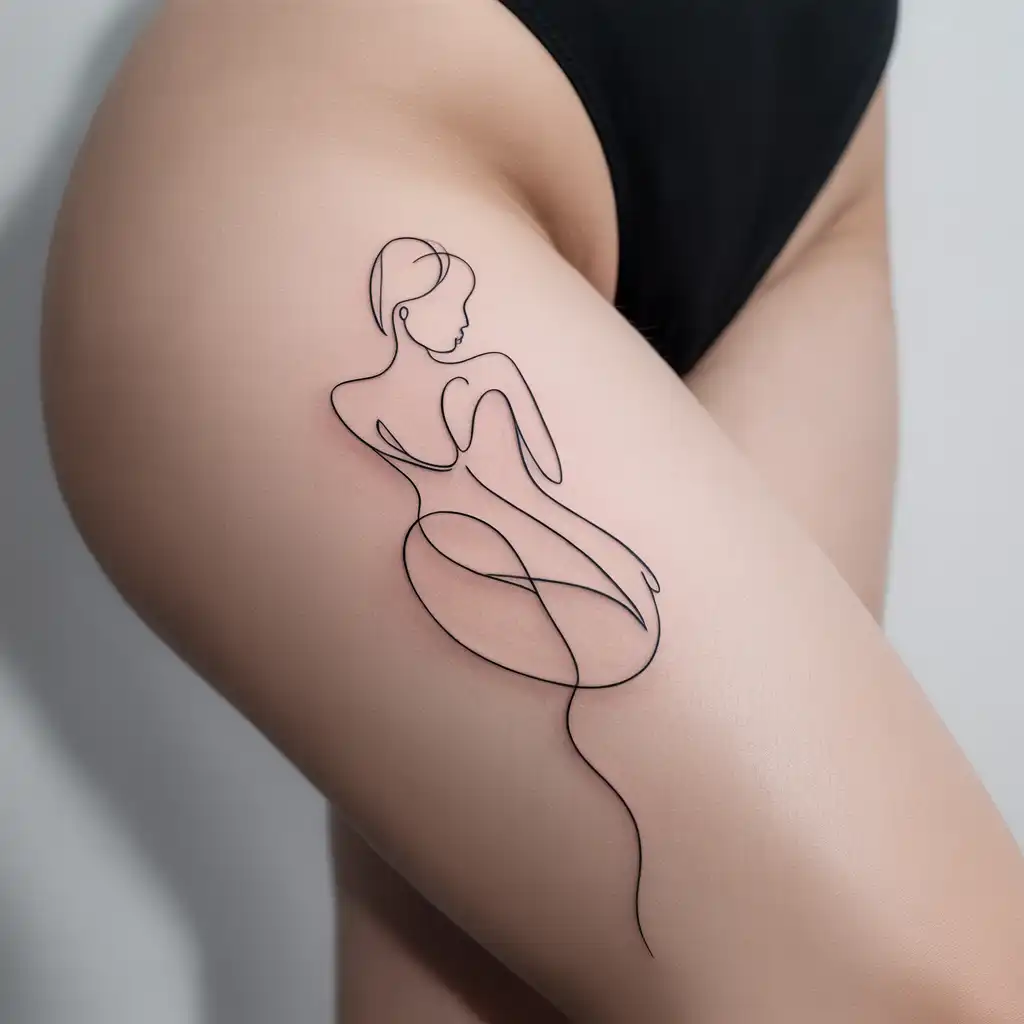 Minimal Line Art Thigh Tattoo With Modern Edge