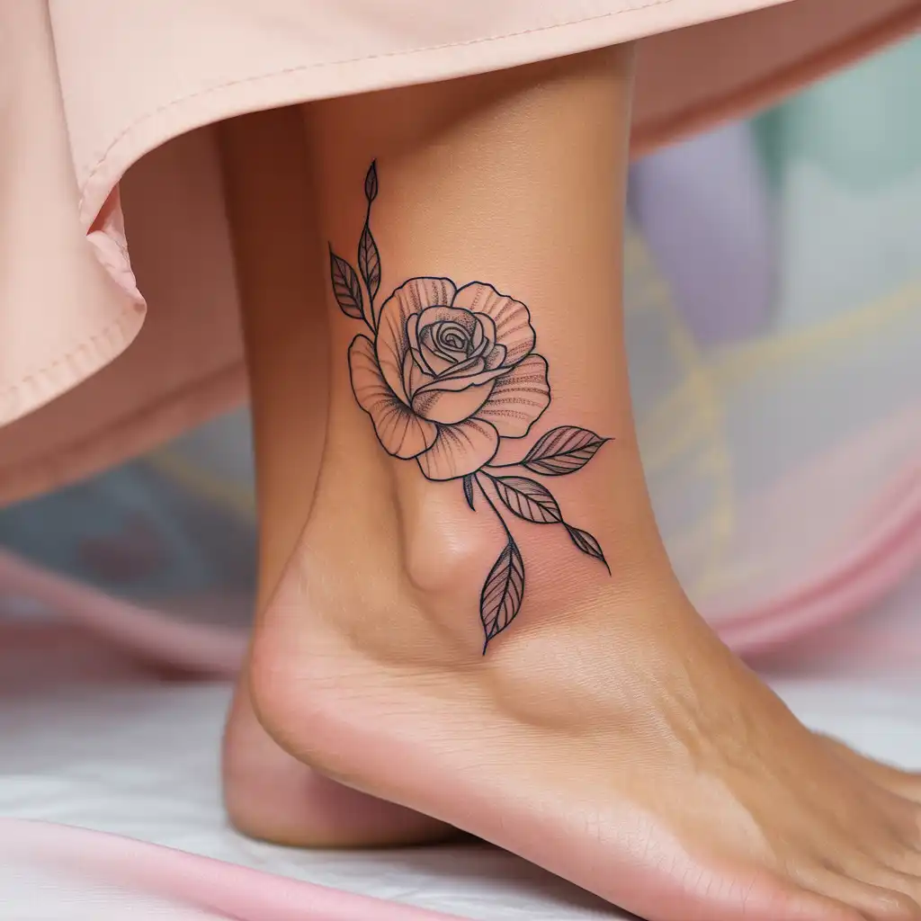 Minimal Rose Ankle Tattoo
