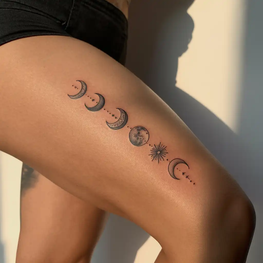 Moon Phase Thigh Tattoo With Spiritual Calm