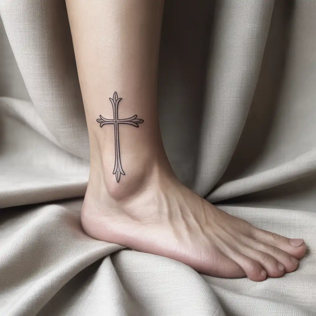 Outline Cross Ankle Tattoo