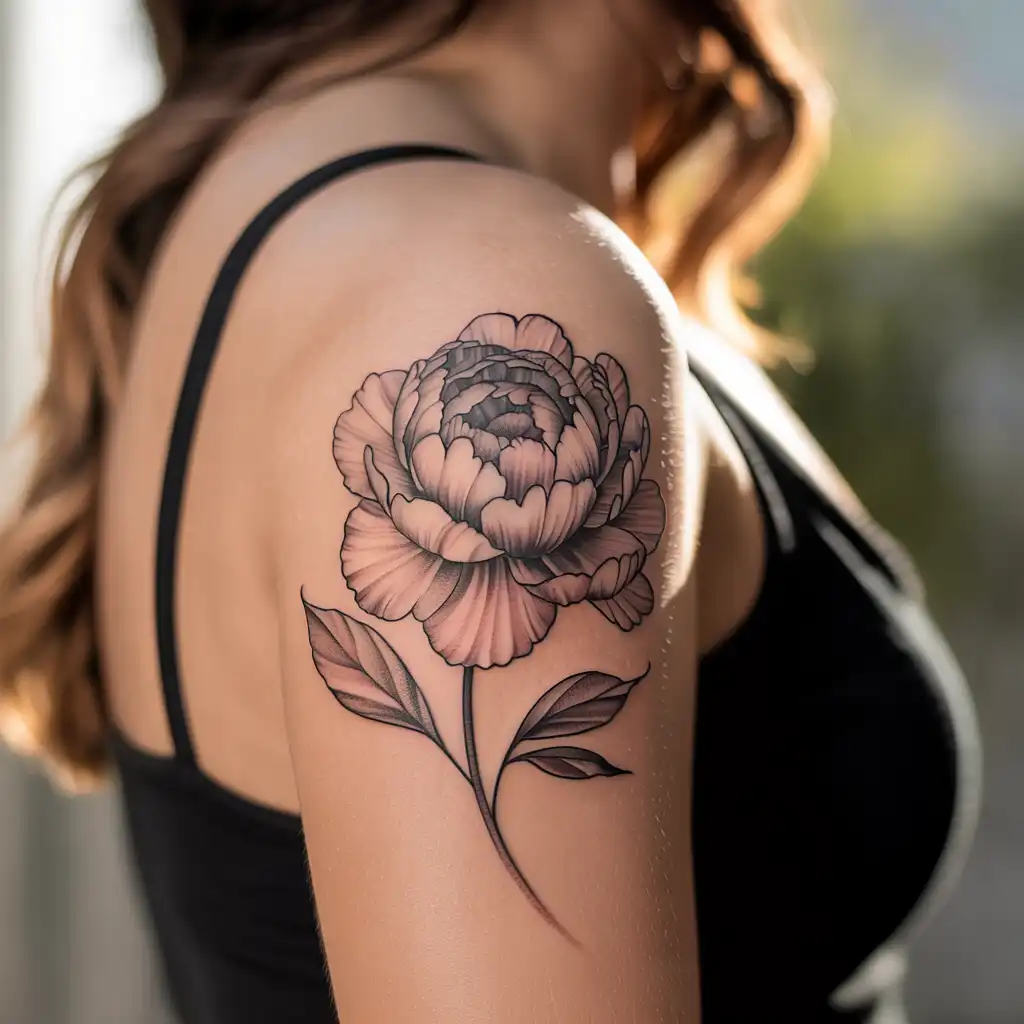 Peony Bloom Upper Arm Tattoo