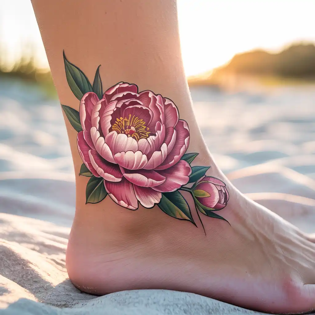 Peony Flower Ankle Tattoo