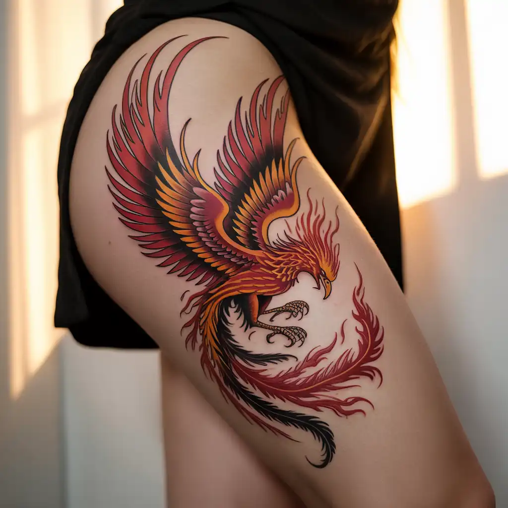 Phoenix Thigh Tattoo With Rebirth Symbolism