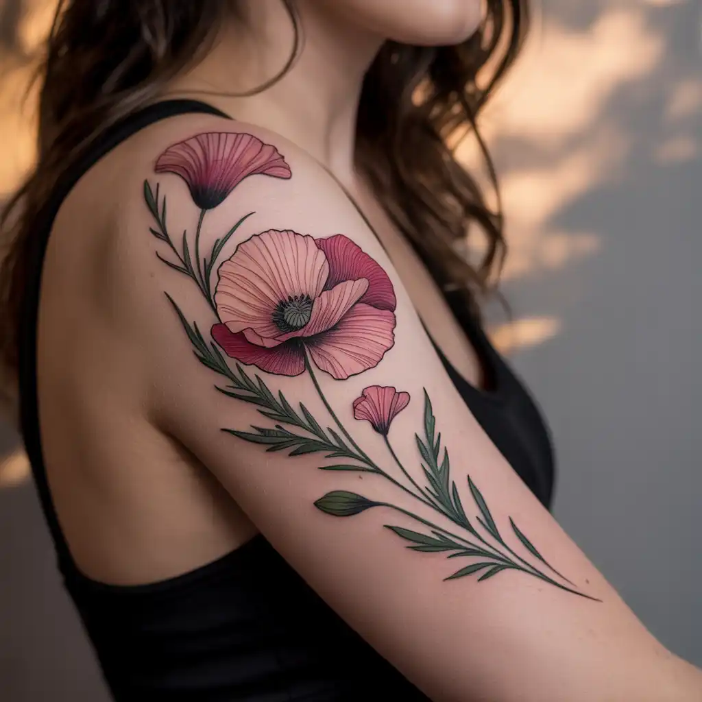 Poppy Flower Upper Arm Tattoo