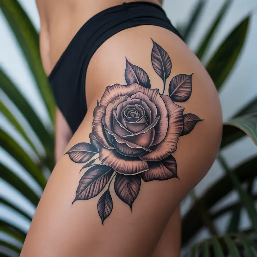 Rose Thigh Tattoo With Romantic Strength