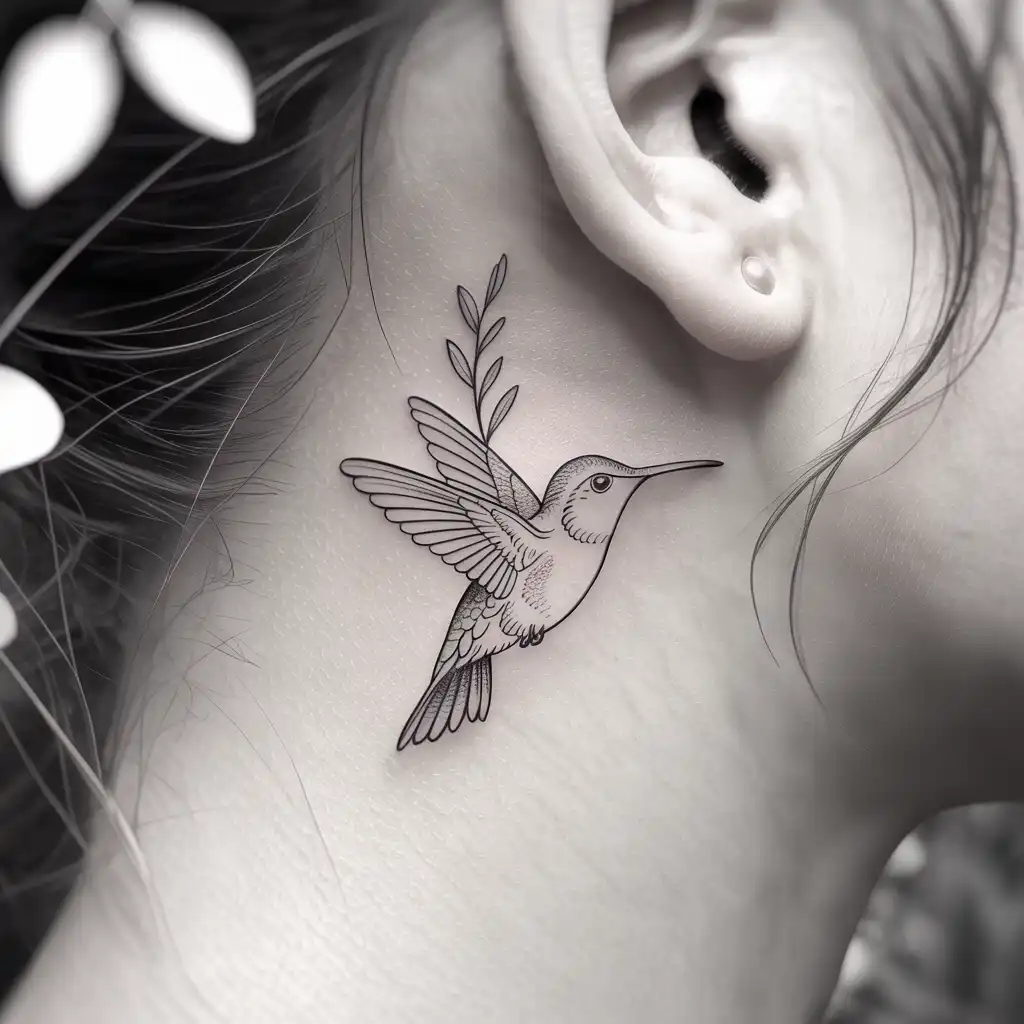 Small Hummingbird Behind Ear Tattoo