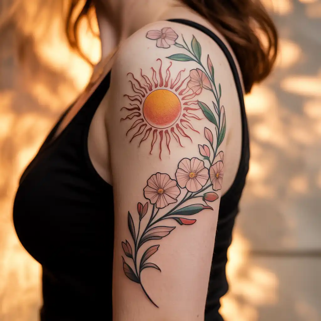 Sun with Floral Elements Tattoo
