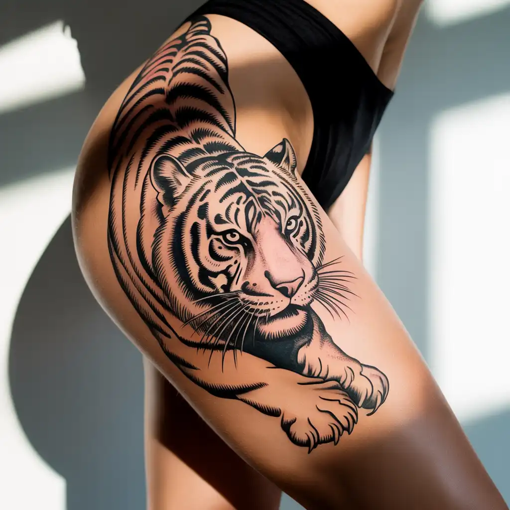 Tiger Thigh Tattoo With Wild Confidence