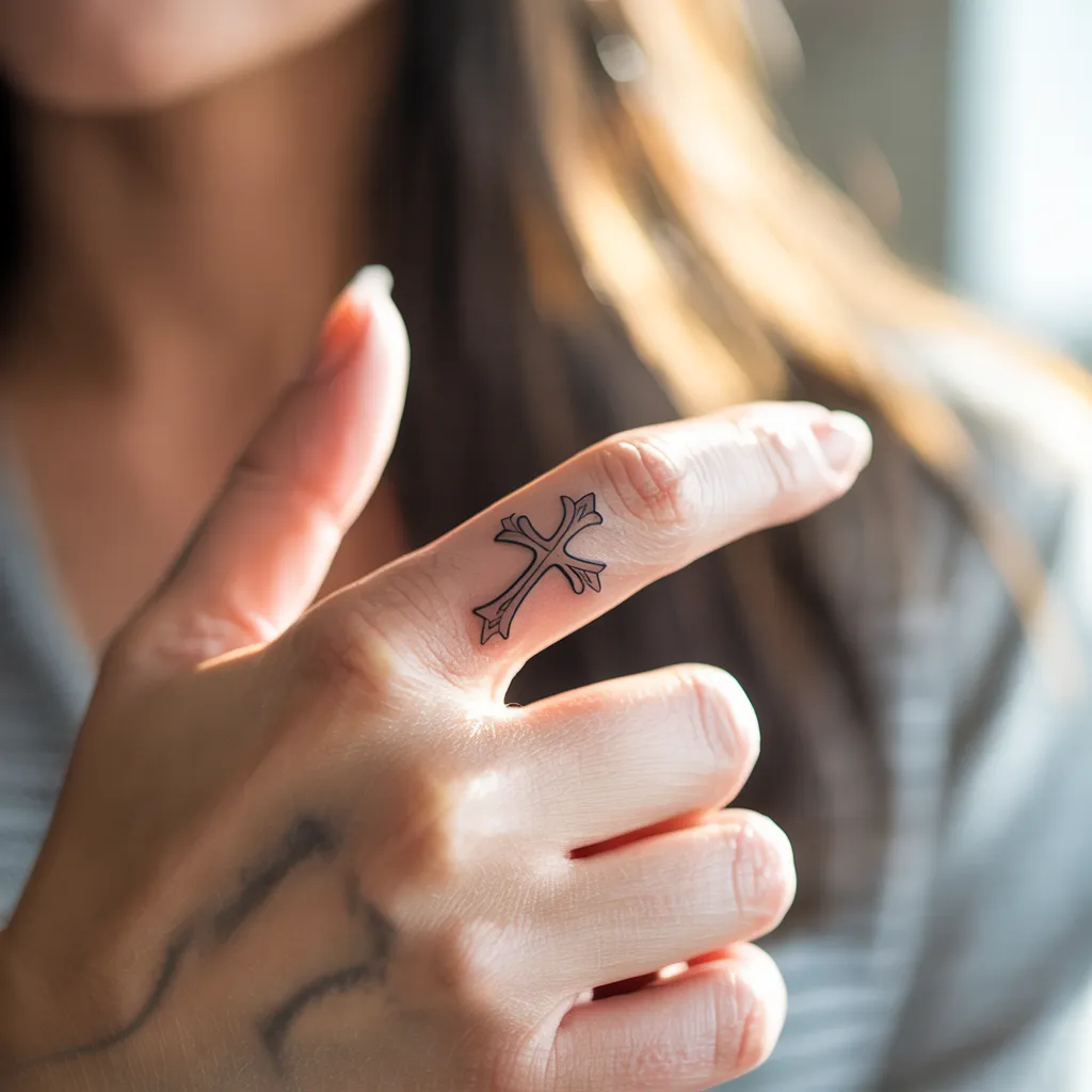Tiny Cross Finger Tattoo