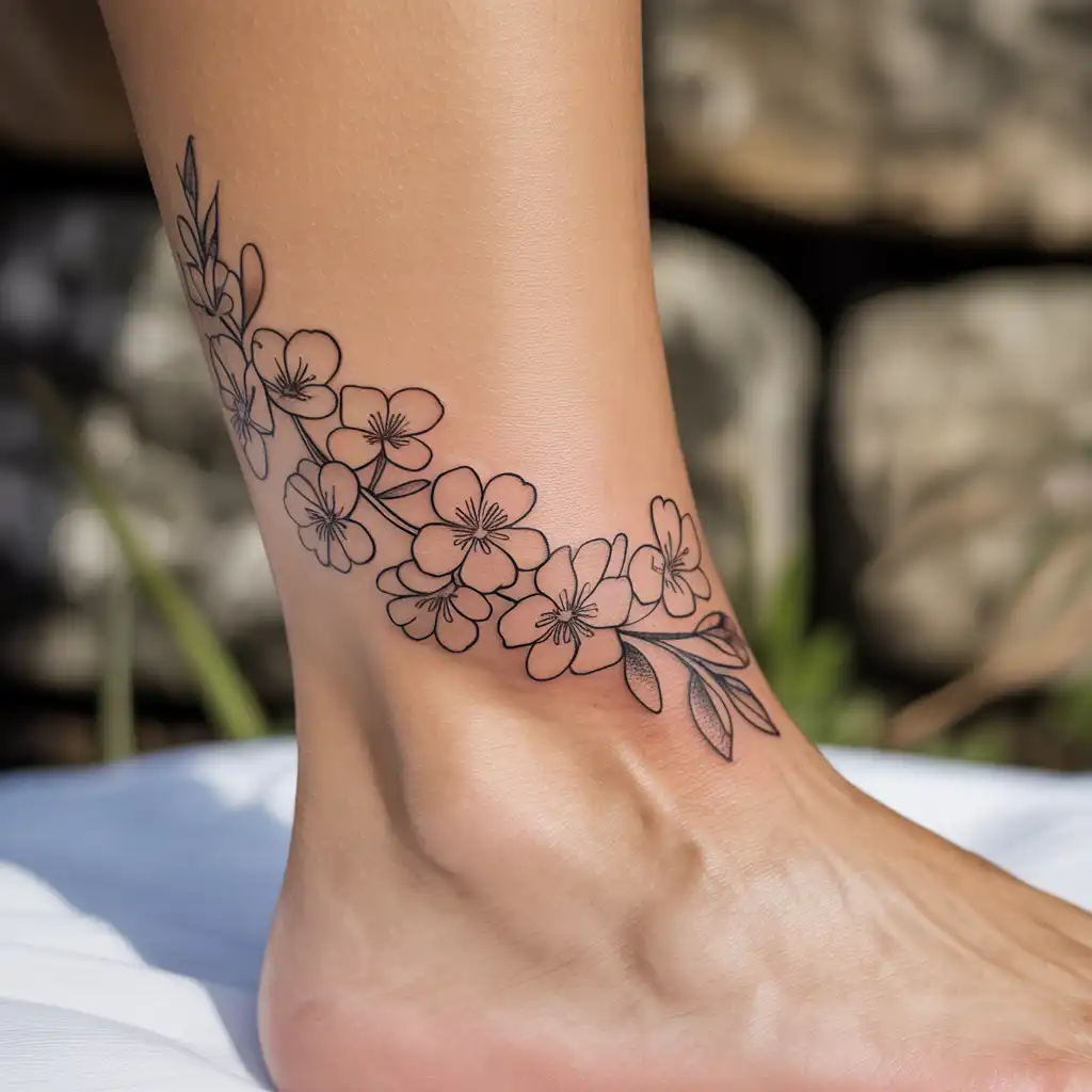 Tiny Flower Cluster Ankle Tattoo