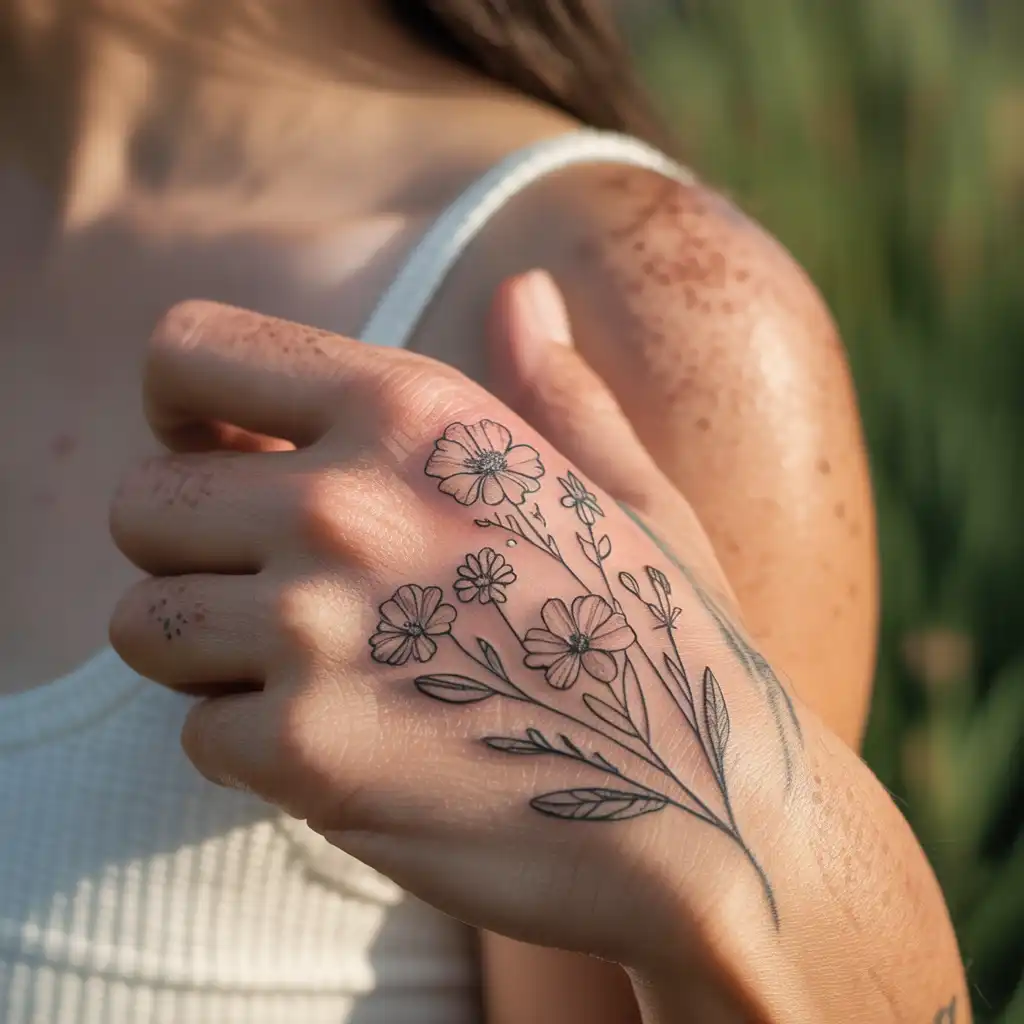 Tiny Flower Finger Tattoo