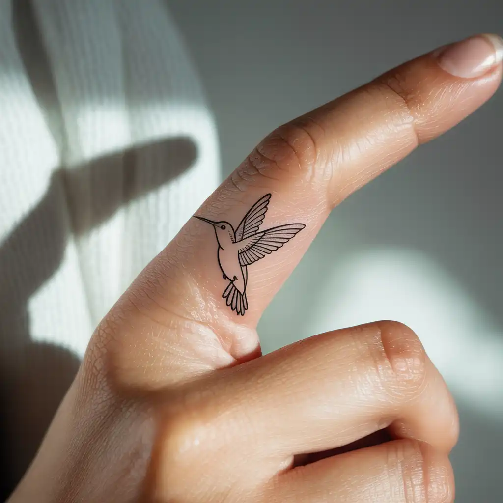 Tiny Hummingbird Finger Tattoo