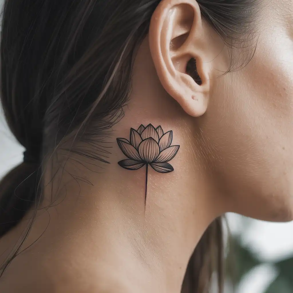 Tiny Lotus Behind Ear Tattoo