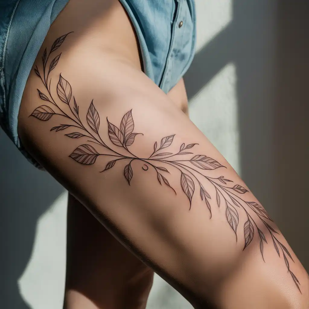 Vine Thigh Tattoo With Natural Flow