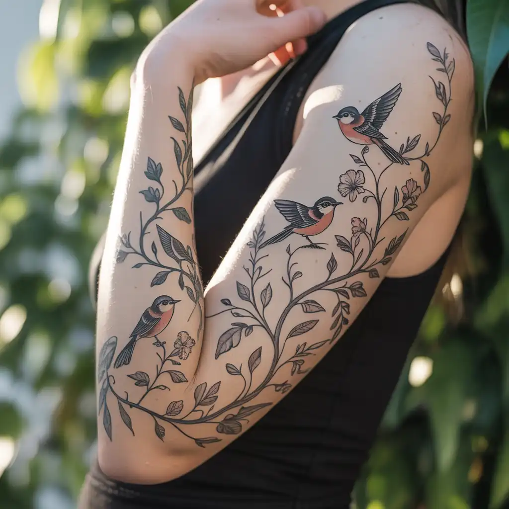 Vine and Birds Arm Tattoo